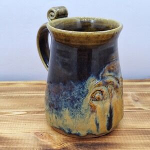 Studio Art Pottery Stonewear Brown Blue  drip Glaze‎ Carved Face Planter